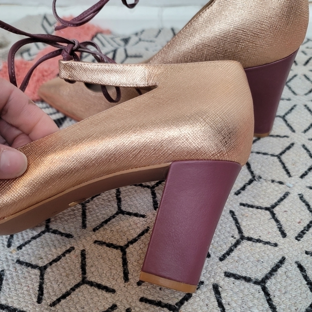 Anthropologie Metallic Rose Gold Pointed Toe Heels with Mauve Ties - Picture 8 of 16